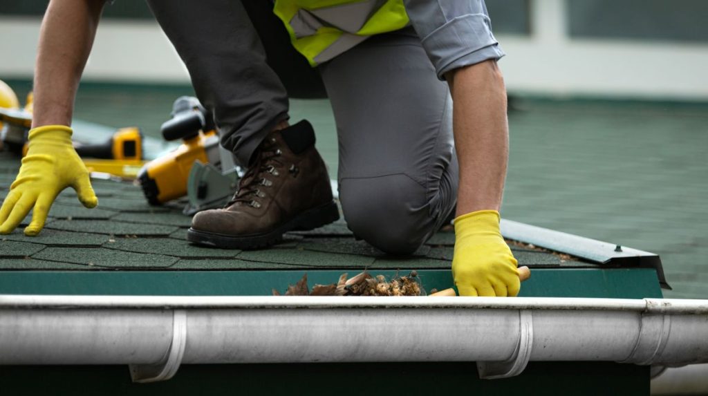 roof inspection guy using yellow gloves to inspect gutter